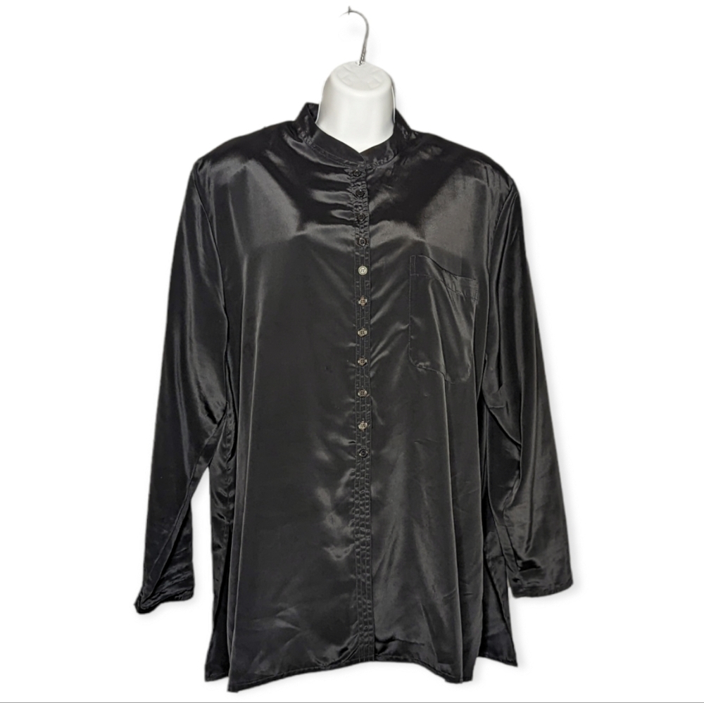 SK & Company Long Sleeved Black Button Down Satin Top Size 16